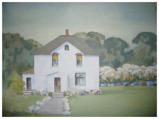 a painting of a white farmhouse