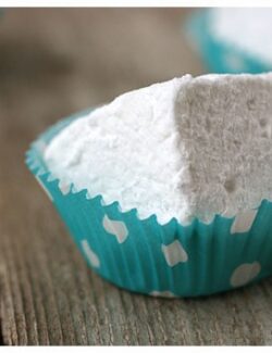 A marshmallow cube in a blue wrapper