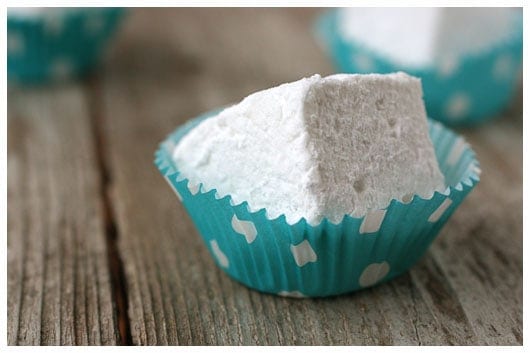 a marshmallow cube in a blue wrapper