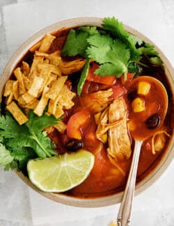 Overhead view of a bowl of chicken tortilla soup