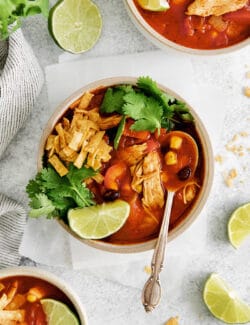 Overhead view of a bowl of chicken tortilla soup