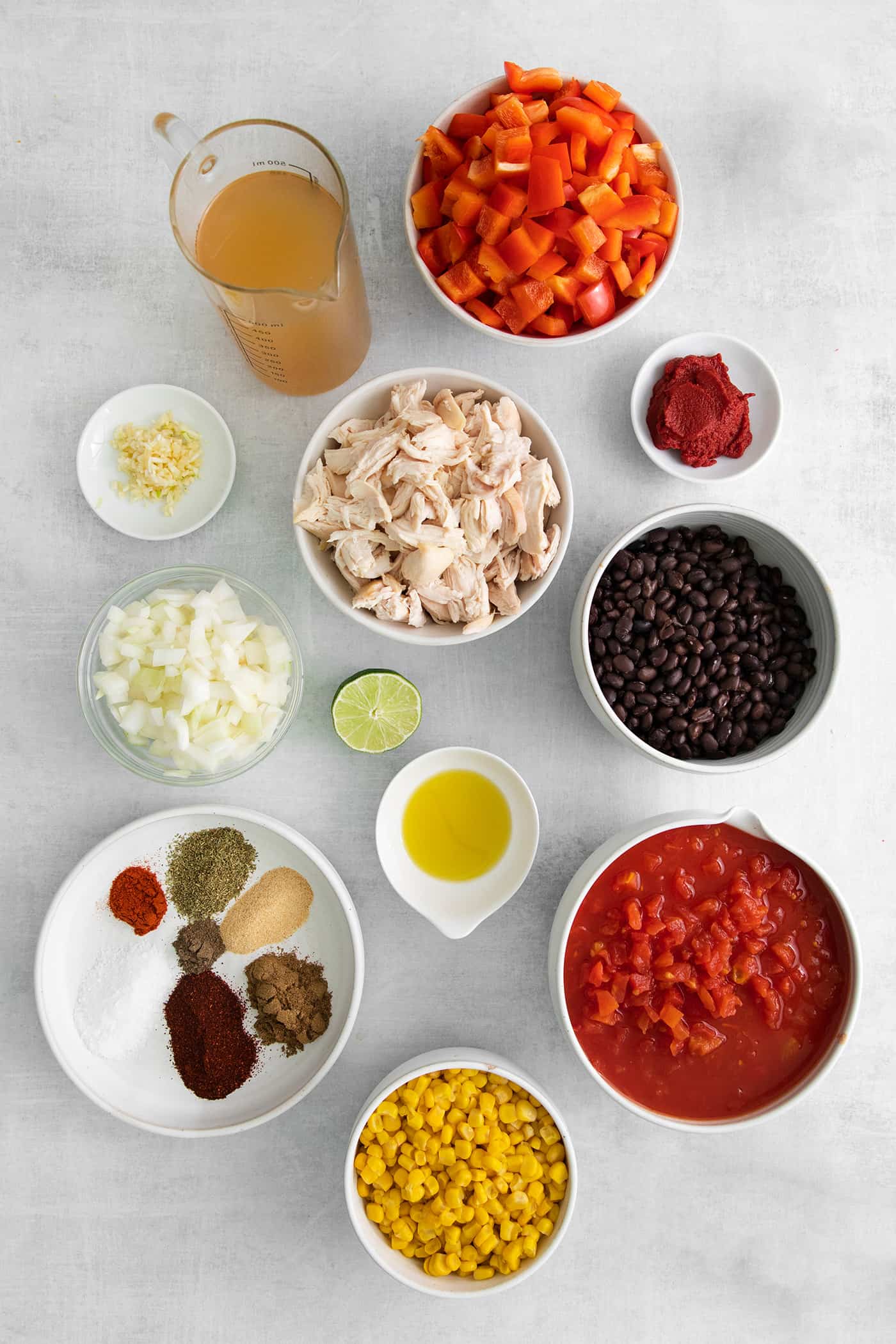 Overhead view of chicken tortilla soup ingredients