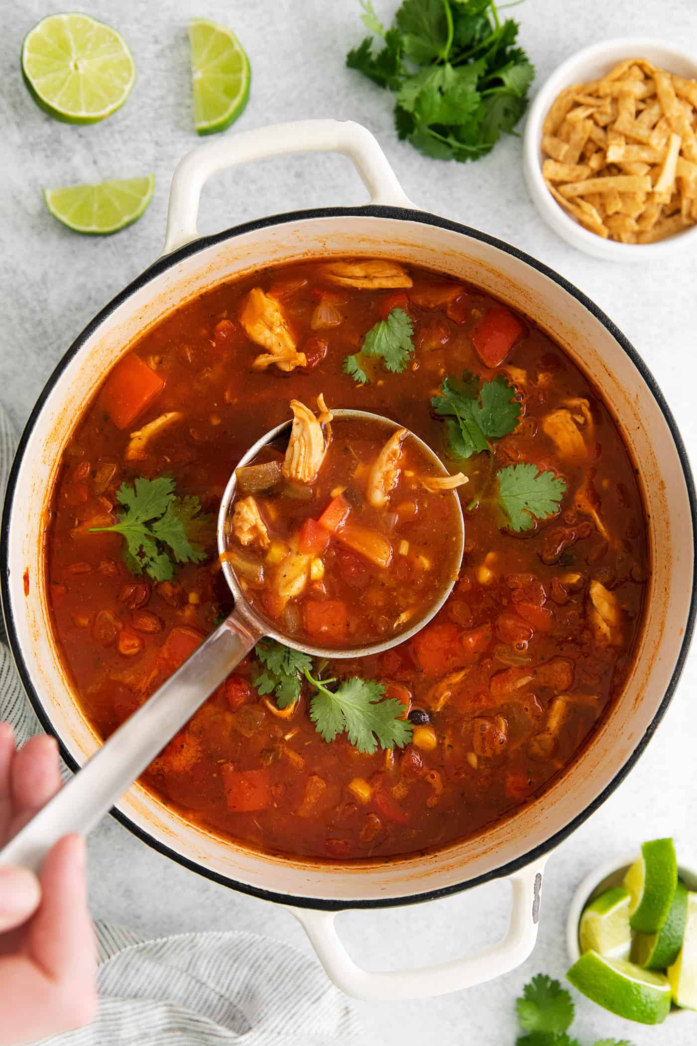 A ladle of tortilla soup over a soup pot