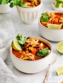 Overhead view of chicken tortilla soup