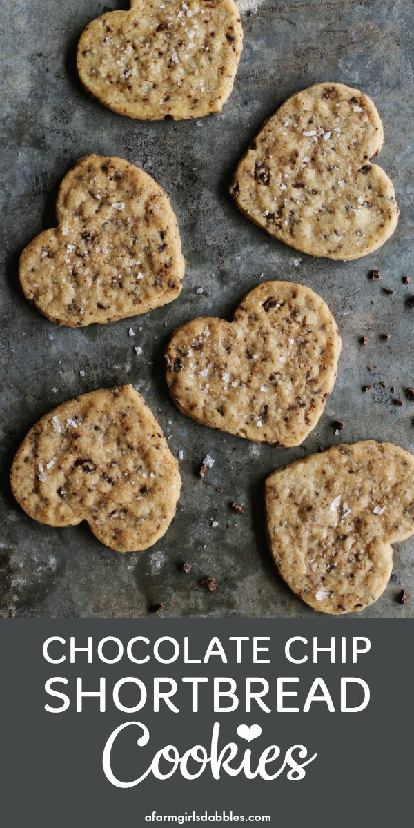 pinterest image of a pan of heart-shaped Chocolate Chip Shortbread Cookies