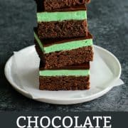 pinterest image of a stack of fudgy chocolate mint brownies