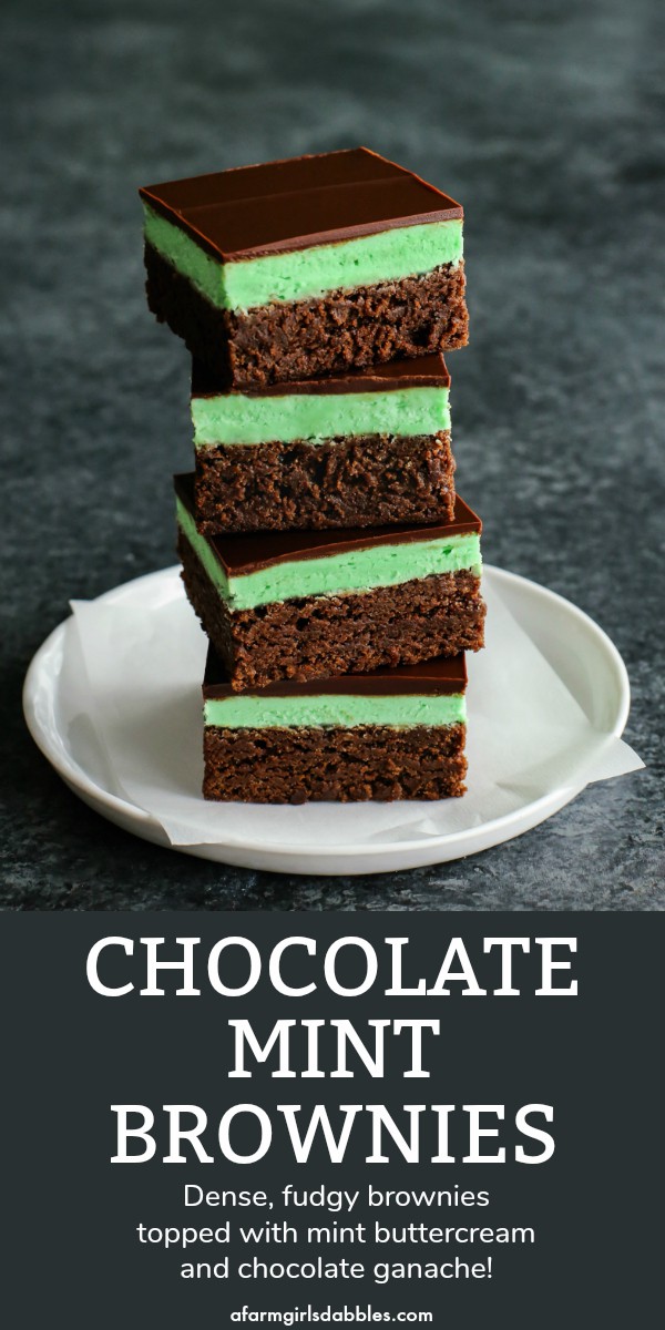 pinterest image of a stack of fudgy chocolate mint brownies