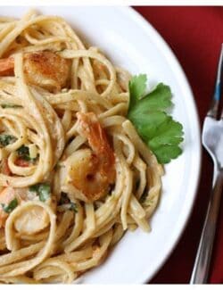 a plate of shrimp and tomato pasta