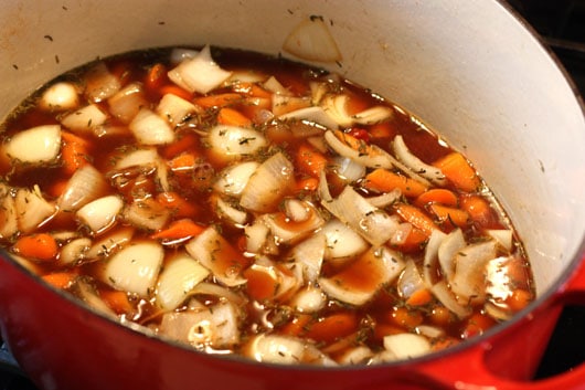 onions and carrots in broth