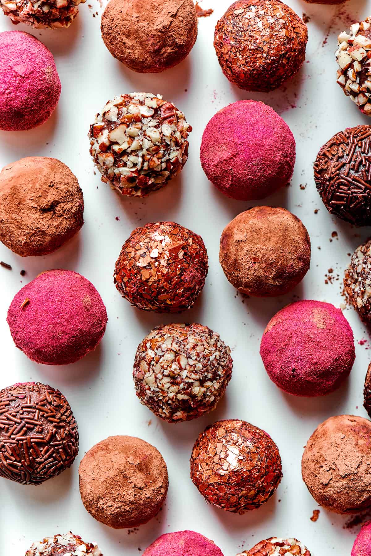 Overhead view of assorted chocolate truffles