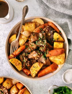 Overhead view of a bowl of beef pot roast with vegetables