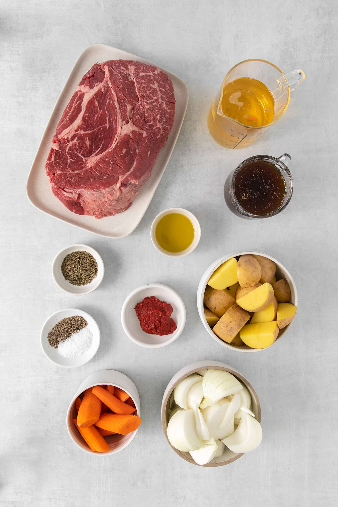 Overhead view of pot roast ingredients