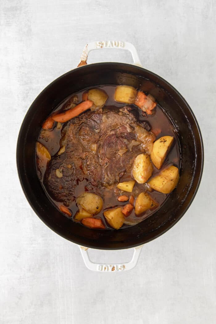 Overhead view of a pot roast and vegetables in a pot