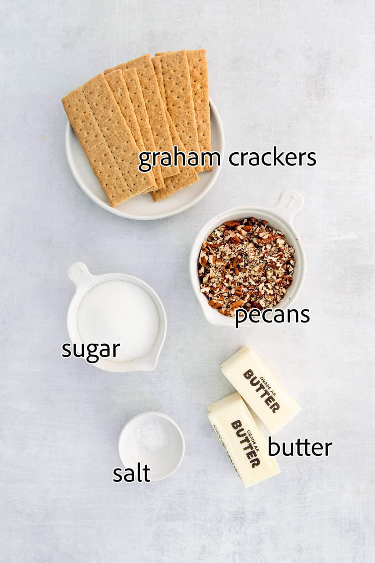Labeled ingredients for making graham cracker toffee.