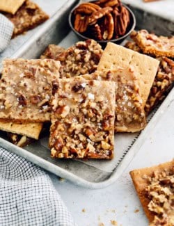 Toffee squares in the baking sheet.