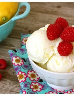 a Bowl of Lemon Buttermilk Sherbet with fresh raspberries