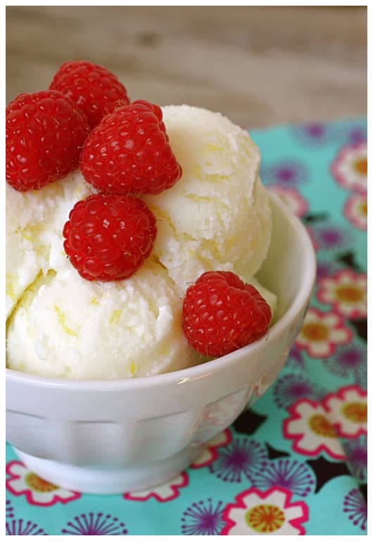 scoops of lemon sherbet in a bowl