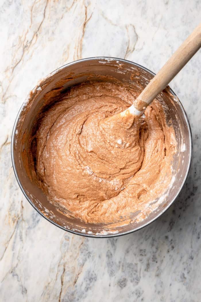 Overhead view of German chocolate cake batter in bowl
