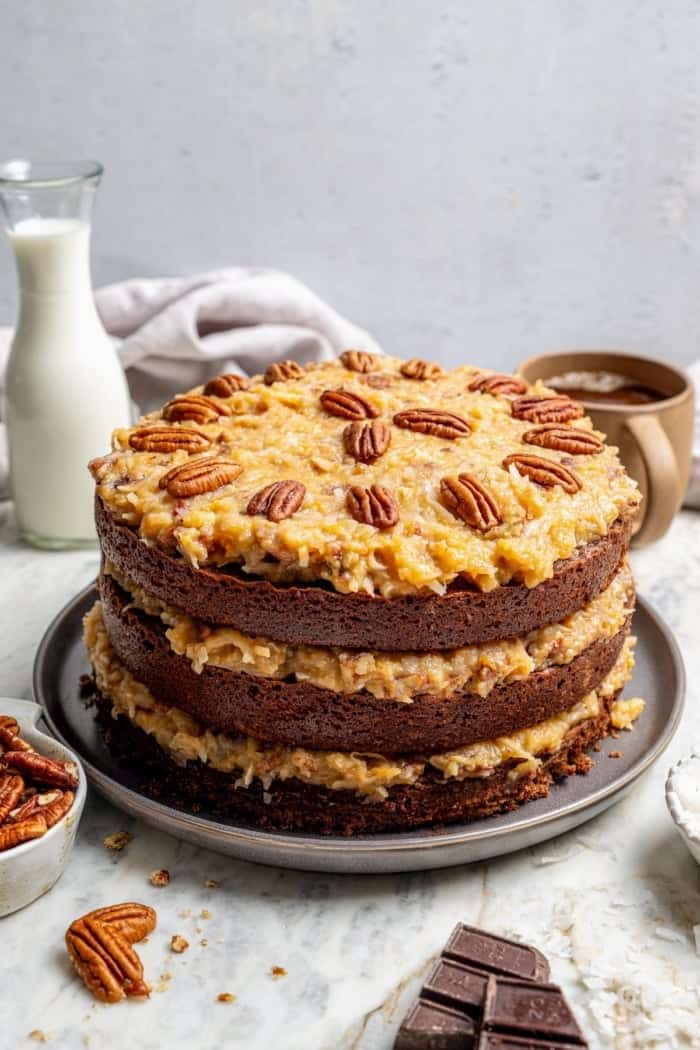 Whole German chocolate cake on platter
