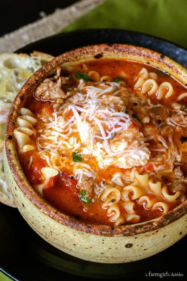 Lasagna Soup in a pottery bowl