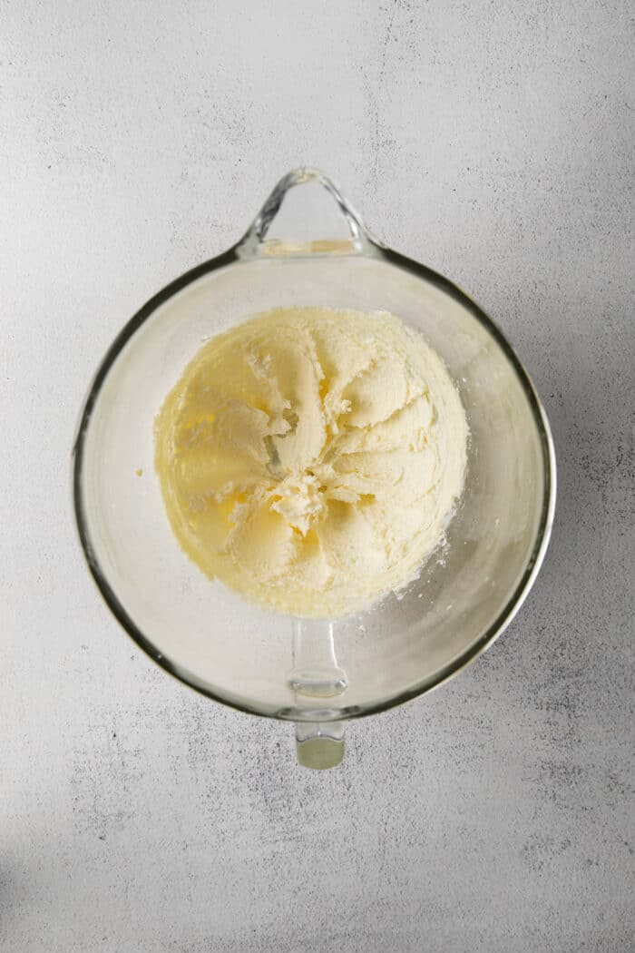 Creamed butter and sugar in a mixing bowl