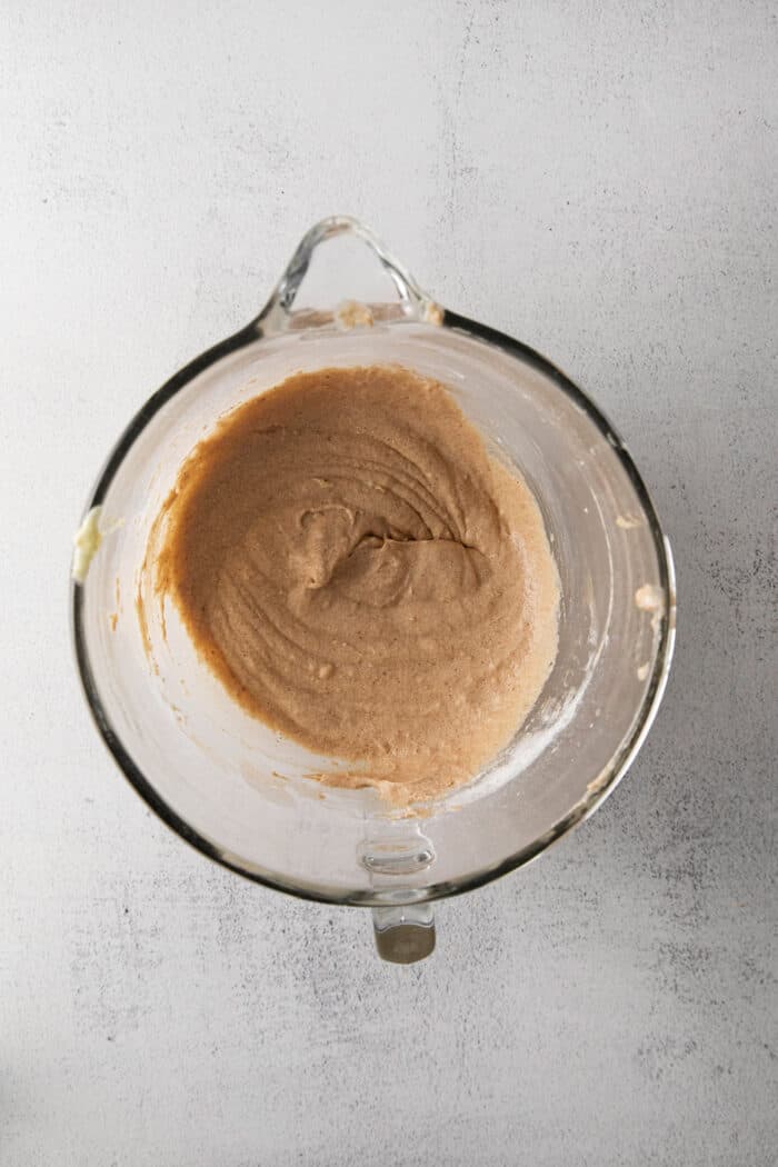 Snickerdoodle cupcake batter in a mixing bowl