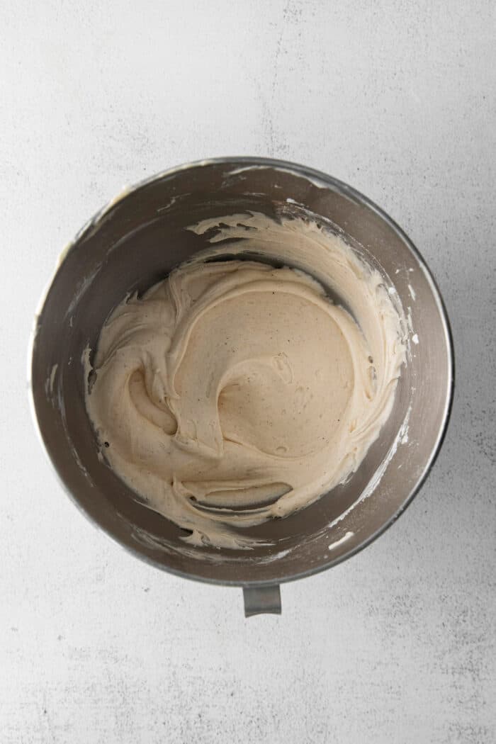 Cream cheese frosting in a mixing bowl