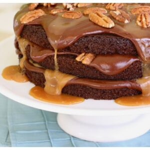 caramel, chocolate, and pecan cake