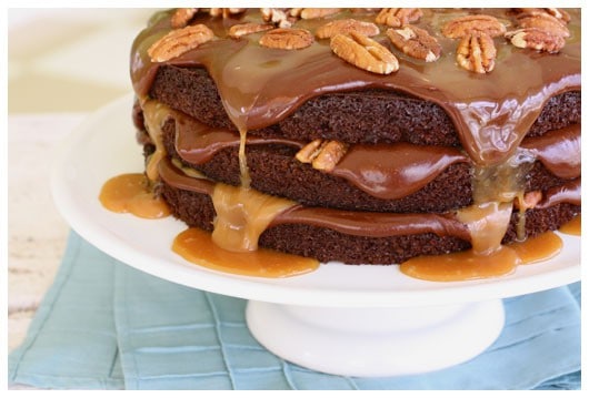 caramel, chocolate, and pecan cake