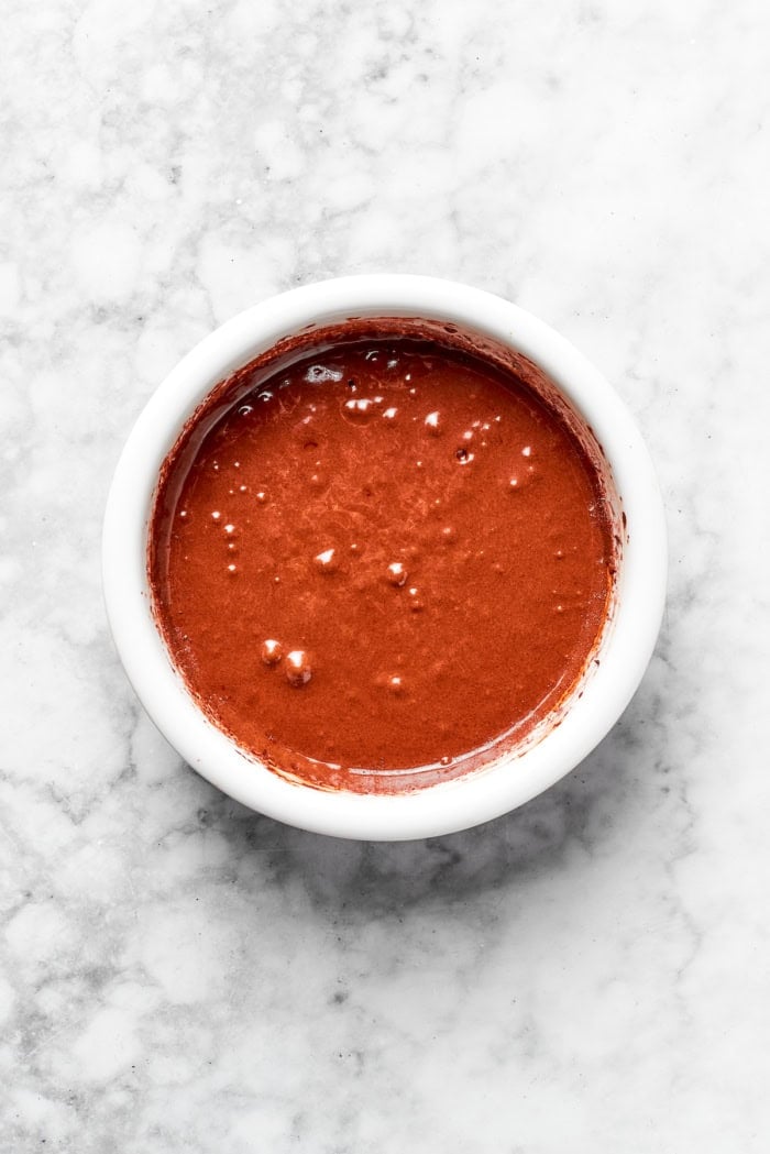 Overhead view of brownie batter in bowl