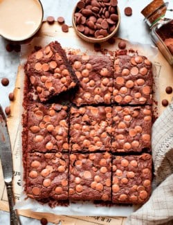 Overhead view of sliced fudgy brownies on parchment paper with bowl of chocolate chips