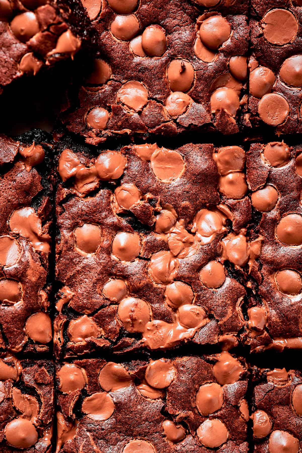 Closeup view of sliced fudgy brownies with chocolate chips