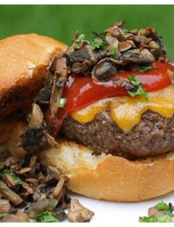 a cheeseburger slider with ketchup and mushrooms