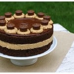This chocolate peanut butter cake is made with moist chocolate layers, creamy peanut butter frosting, and topped with peanut butter cups. Yum!