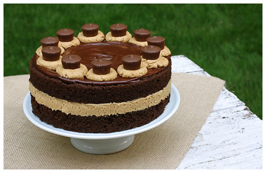 a chocolate layer cake with peanut butter frosting