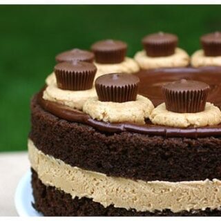 Chocolate cake with peanut butter filling topped with chocolate ganache and peanut butter cups