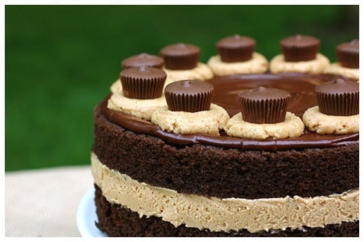 Chocolate cake with peanut butter filling topped with chocolate ganache and peanut butter cups