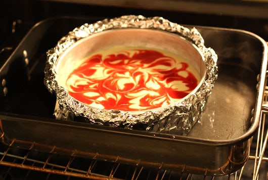 a cheesecake in the oven