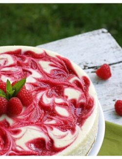 raspberry cheesecake on a table outside