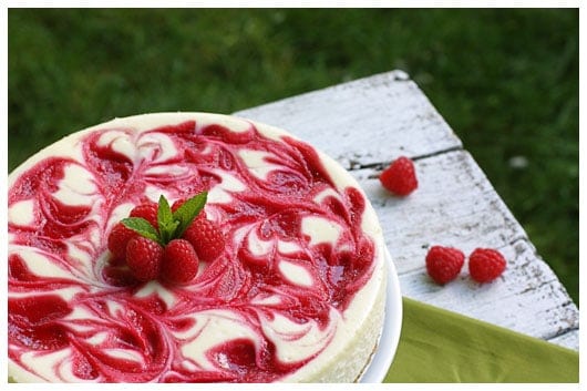 raspberry cheesecake on a table outside