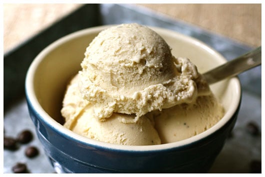 a blue bowl of coffee ice cream