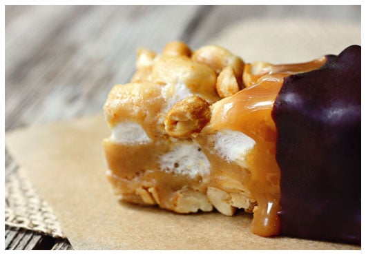 Close up side photo of a Chocolate Dipped Salted Nut Roll Bar