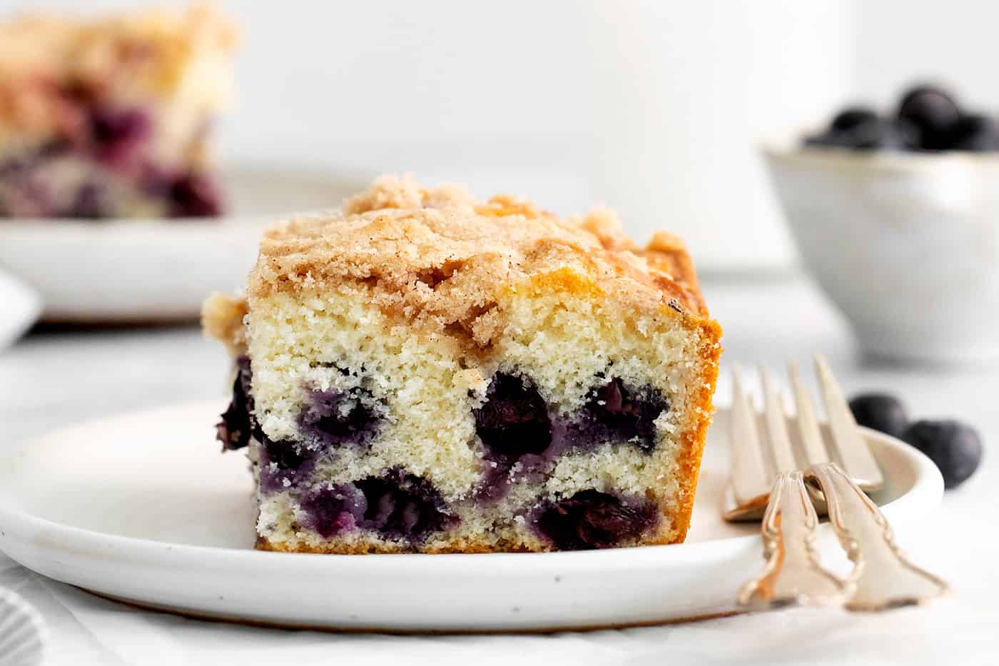 A slice of blueberry tea cake on a white plate