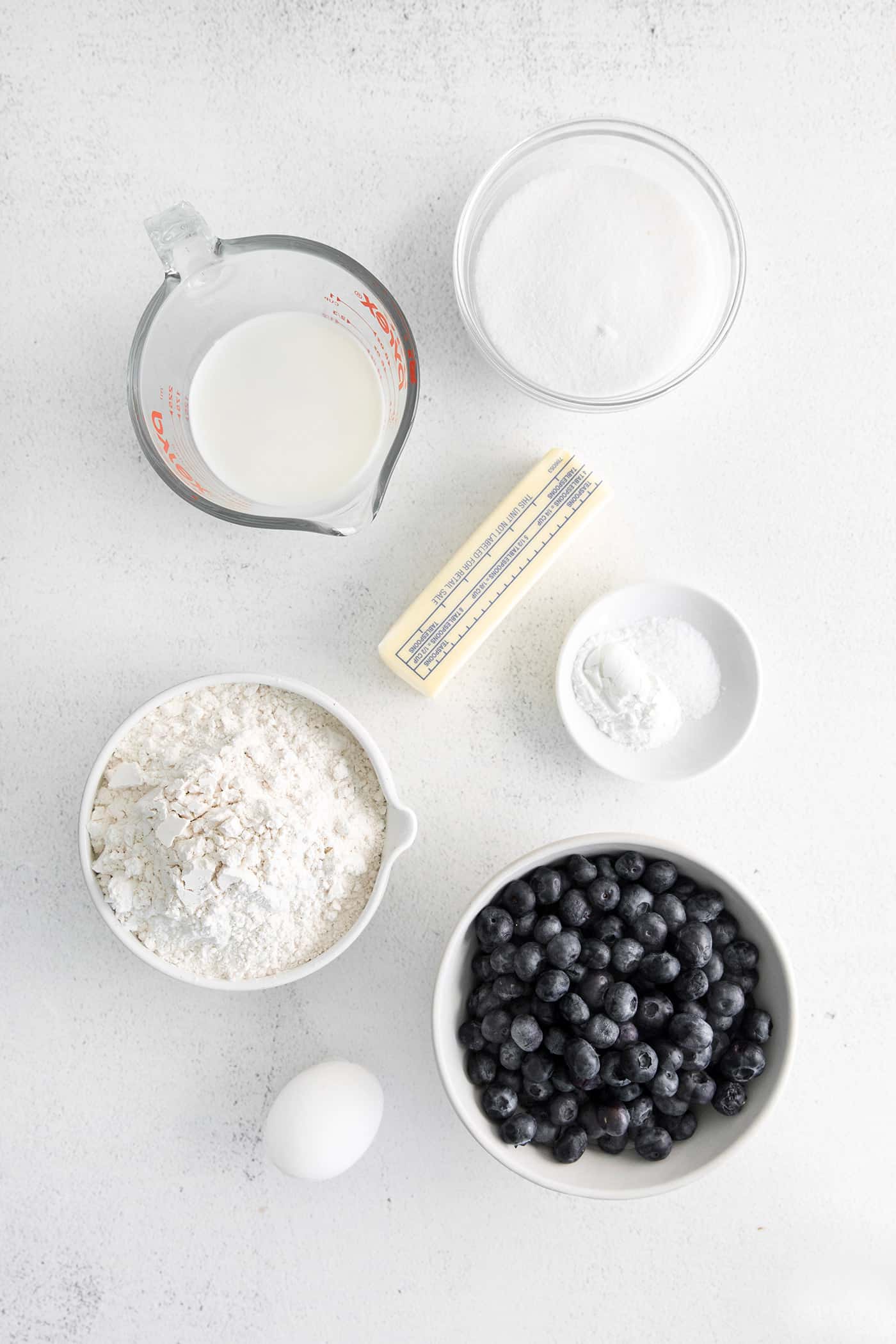 Overhead view of blueberry tea cake ingredients