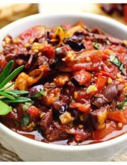 a bowl of roasted tomato tapenade