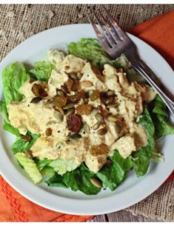 This chicken curry salad on lettuce is easy, healthy, and a delicious spin on traditional chicken salad.