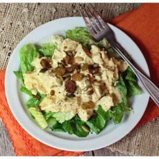 This chicken curry salad on lettuce is easy, healthy, and a delicious spin on traditional chicken salad.