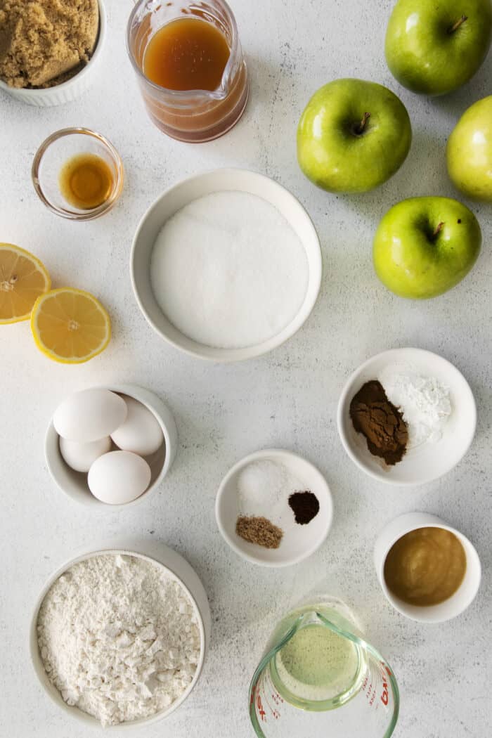 Ingredients for an apple bundt cake with vanilla glaze