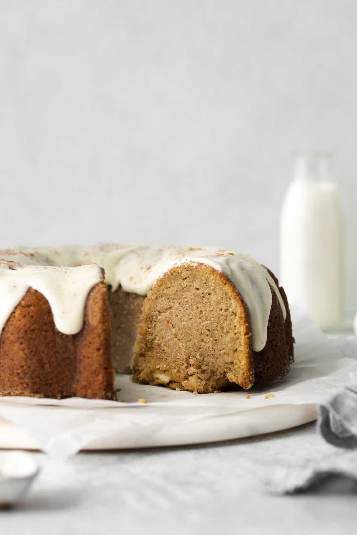 Apple bundt cake with a slice taken out