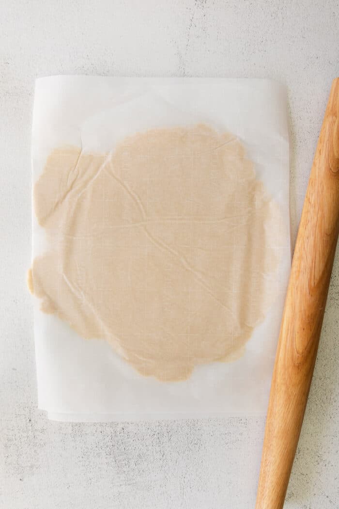Pastry dough rolled between parchment paper